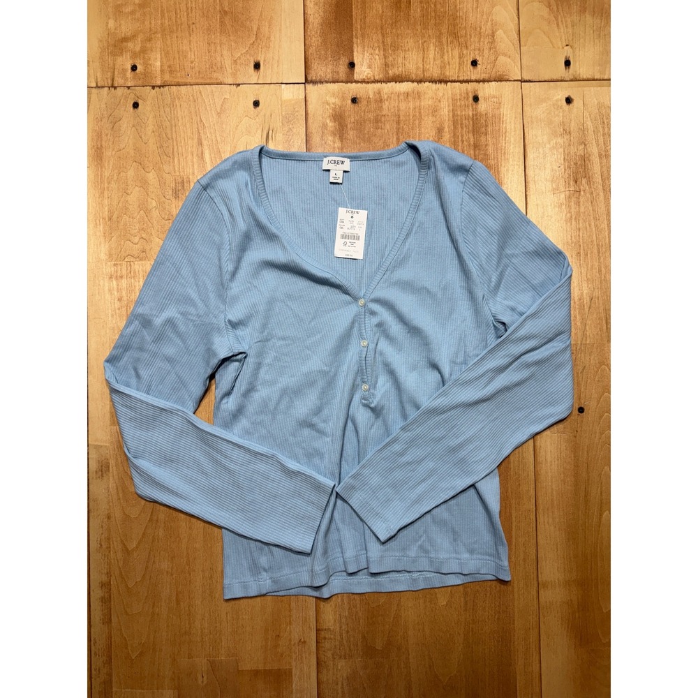 J.Crew Womens Light Blue Ribbed V-Neck Long Sleeve Henley Top Size L NWT